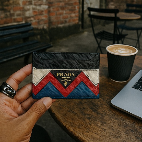 Prada Handbags - Prada Saffiano Multicolor Chevron Card Holder Wallet | Red Blue Cream